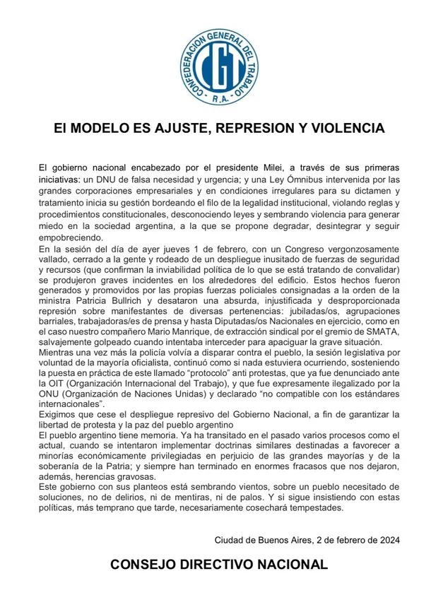 Represin en el Congreso: contundente repudio de la CGT al operativo de seguridad