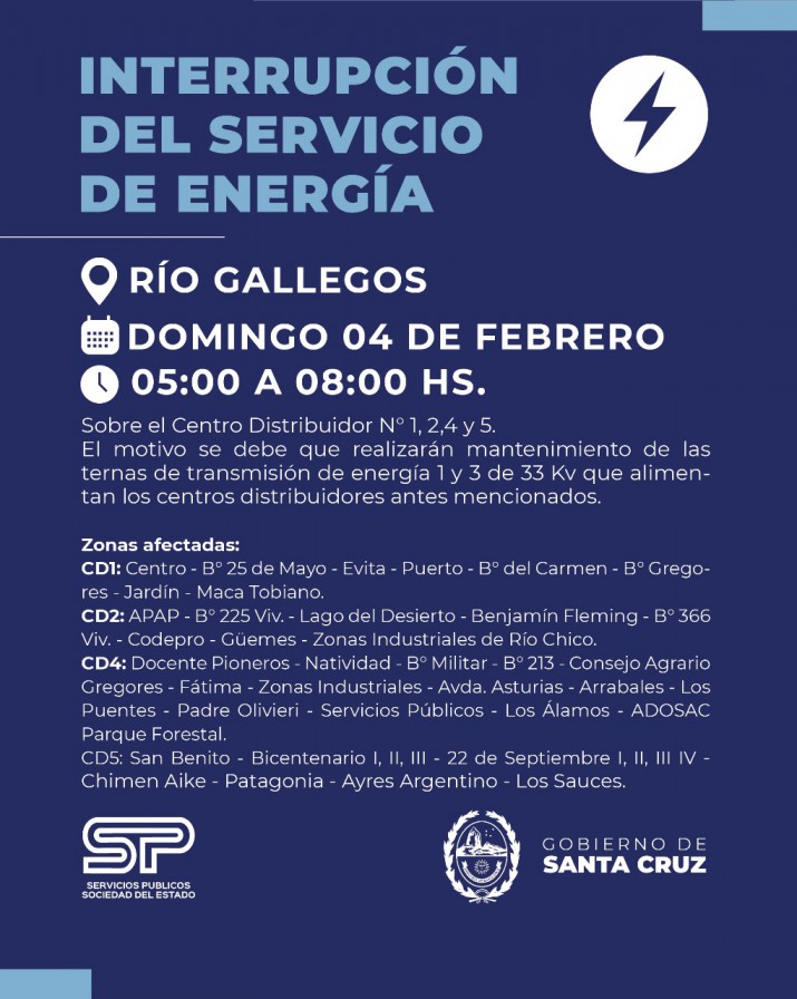 Este domingo 4 de febrero habr corte de  luz programado en Ro Gallegos 