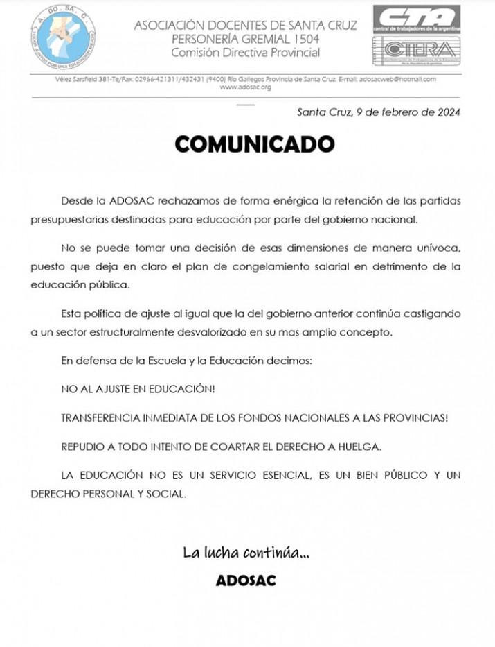  ADOSAC repudi la quita del incentivo docente por parte del Gobierno nacional y denuncia ajuste en la educacin pblica  