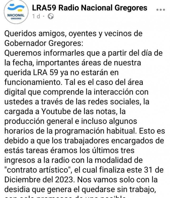 Intervencin y posible privatizacin de medios pblicos?: LU 23 "Radio Lago Argentino" festej 45 aos en un contexto de incertidumbre