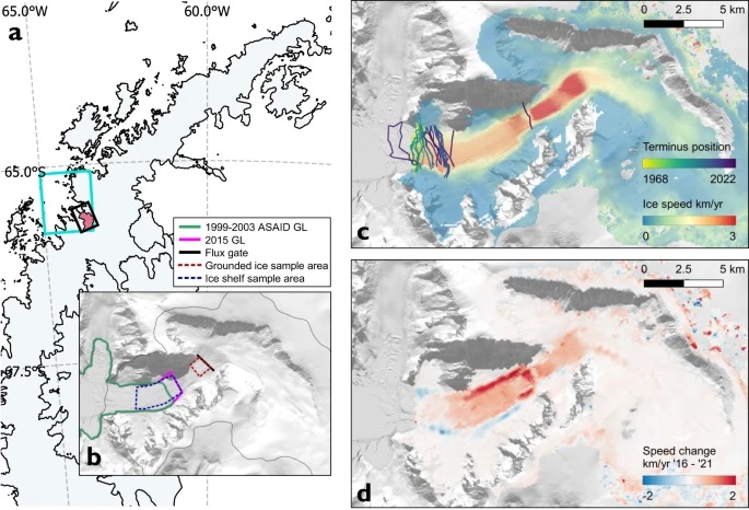 Mapa del sitio de estudio del glaciar Cadman que muestra la velocidad del hielo y el cambio de velocidad del hielo.