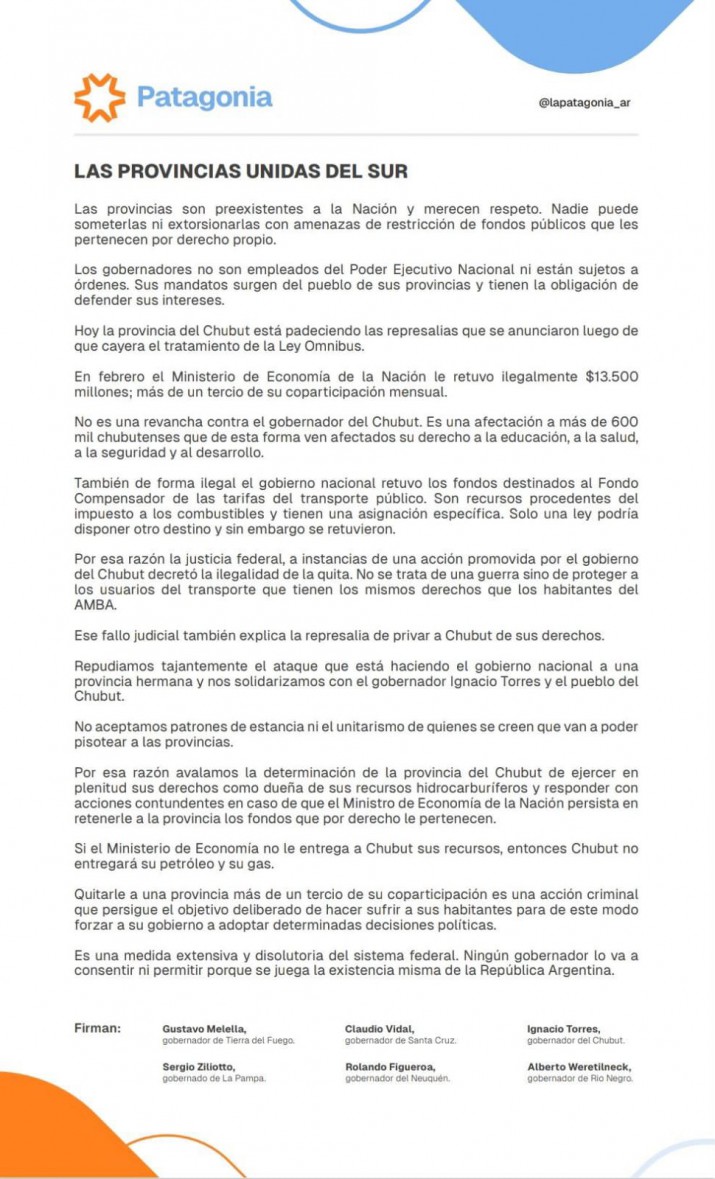 Vidal firm una carta con gobernadores patagnicos en la que advierten que si Nacin no devuelve recursos, no habr petrleo y gas