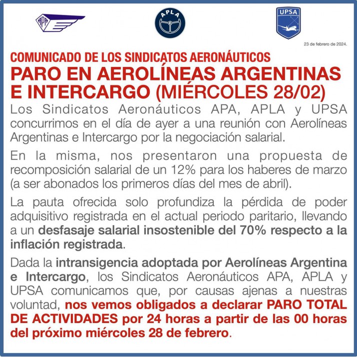 Sindicatos aeronuticos anunciaron un paro de 24 horas para el prximo mircoles