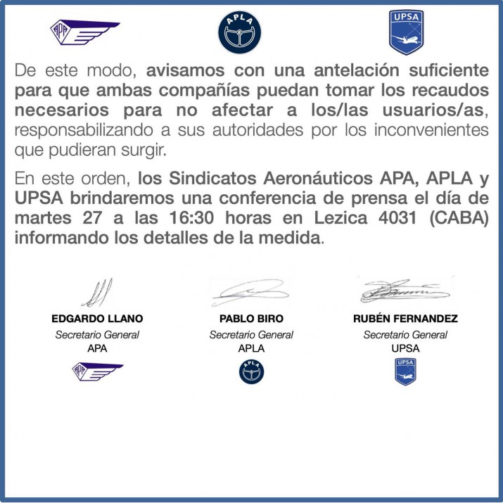 Sindicatos aeronuticos anunciaron un paro de 24 horas para el prximo mircoles