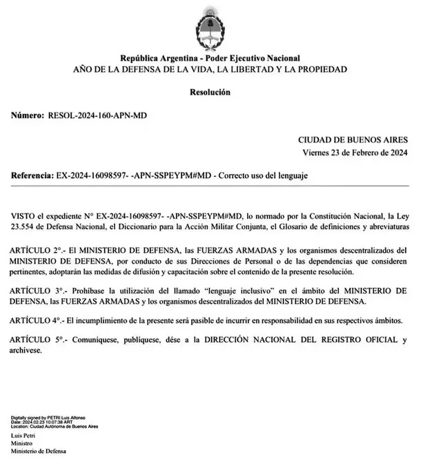 Prohibicin del lenguaje inclusivo en las Fuerzas Armadas: decisin del Ministro de Defensa, Luis Petri