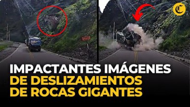 Impactante:  avalancha de rocas aplasta dos camiones 