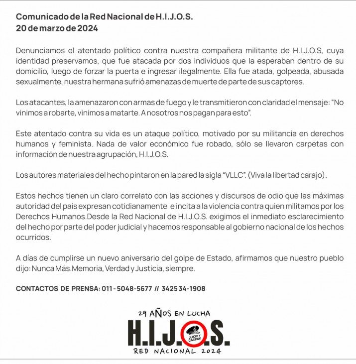 HIJOS denunci que abusaron y amenazaron a una de sus militantes y responsabilizaron al gobierno nacional