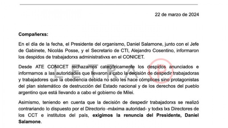 CONICET: ATE  convoca a manifestacin en rechazo a despidos y exige renuncia de Salamone.