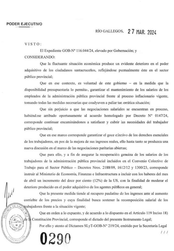 El gobierno de Santa Cruz otorg aumento por decreto a la administracin pblica