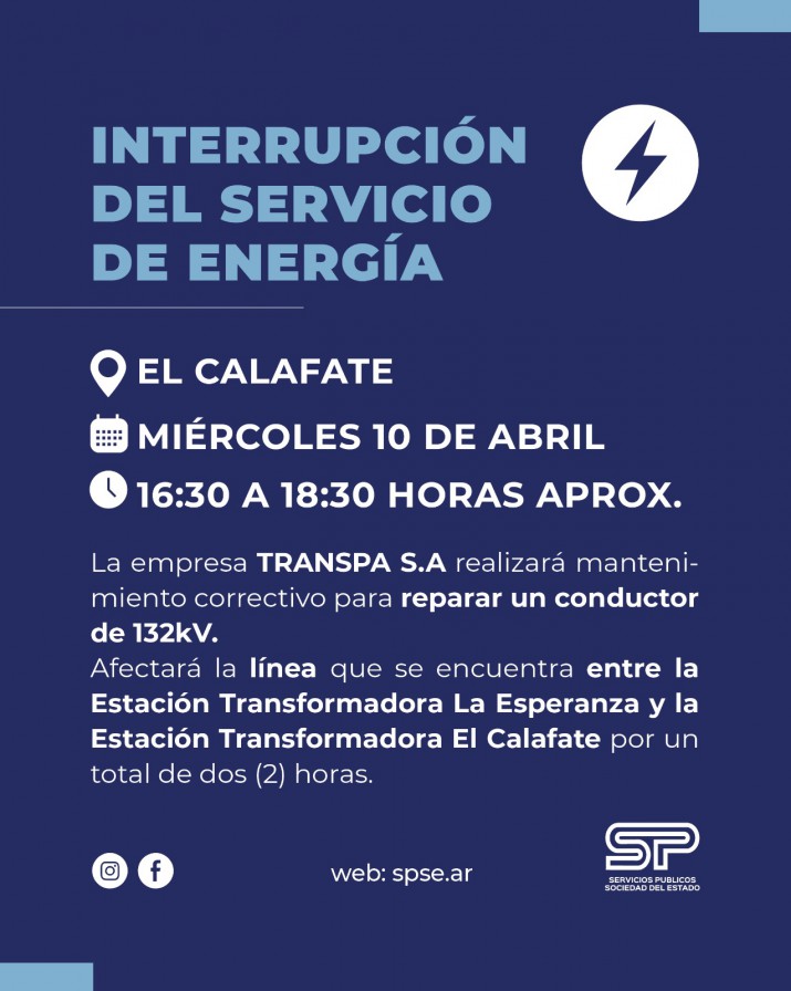 Anuncian corte general de energa en El Calafate por tareas de mantenimiento