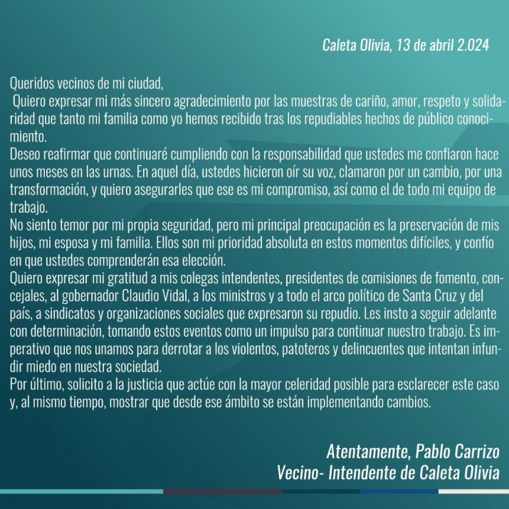 Qu dice el mensaje del Intendente Carrizo a la comunidad 