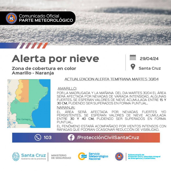 Para este martes, previenen por nevadas,  lluvias y fuertes vientos en gran parte de Santa Cruz 