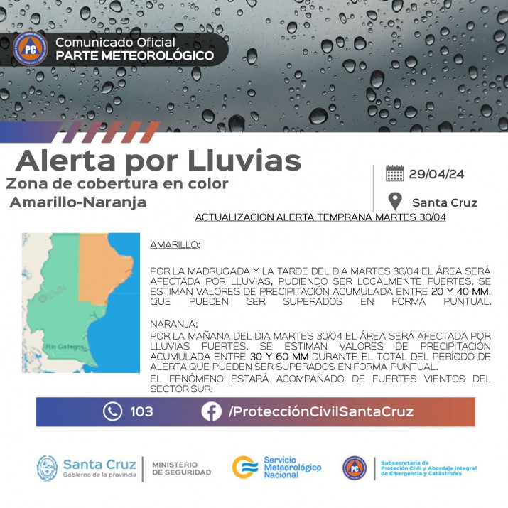 Para este martes, previenen por nevadas,  lluvias y fuertes vientos en gran parte de Santa Cruz 