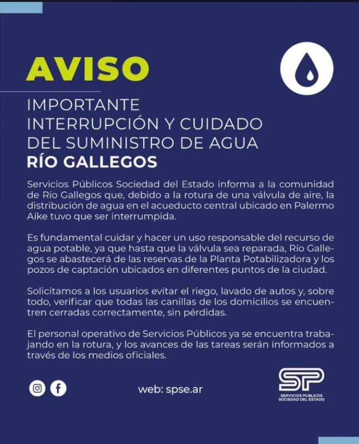 Interrupcin del servicio de agua en Ro Gallegos: medidas y cuidados necesarios