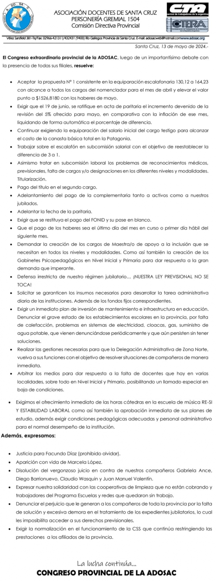 Como adelant Nuevo Da, el Congreso docente acept la propuesta del CPE