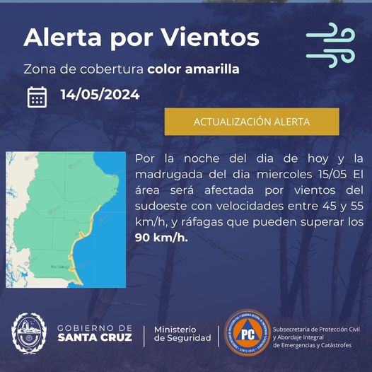 Alerta amarilla por fuertes vientos en la costa de Santa Cruz 