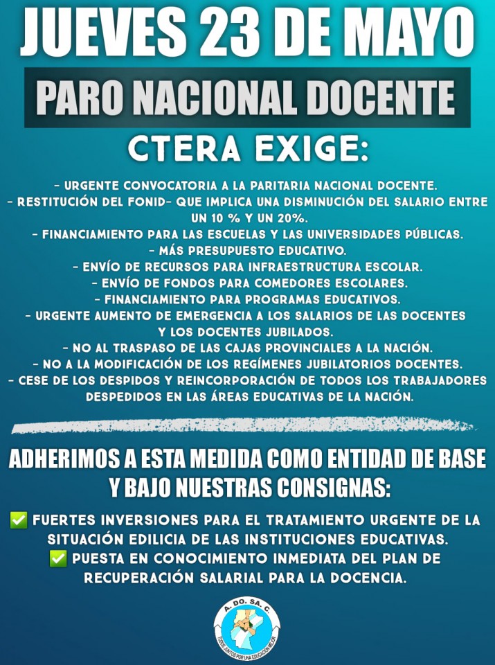 Adosac adhiere a un paro nacional convocado por CTERA