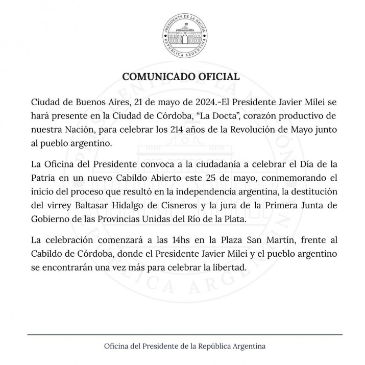 El Gobierno nacional confirm que habr acto oficial del 25 de Mayo en Crdoba pero sin acuerdo con gobernadores 