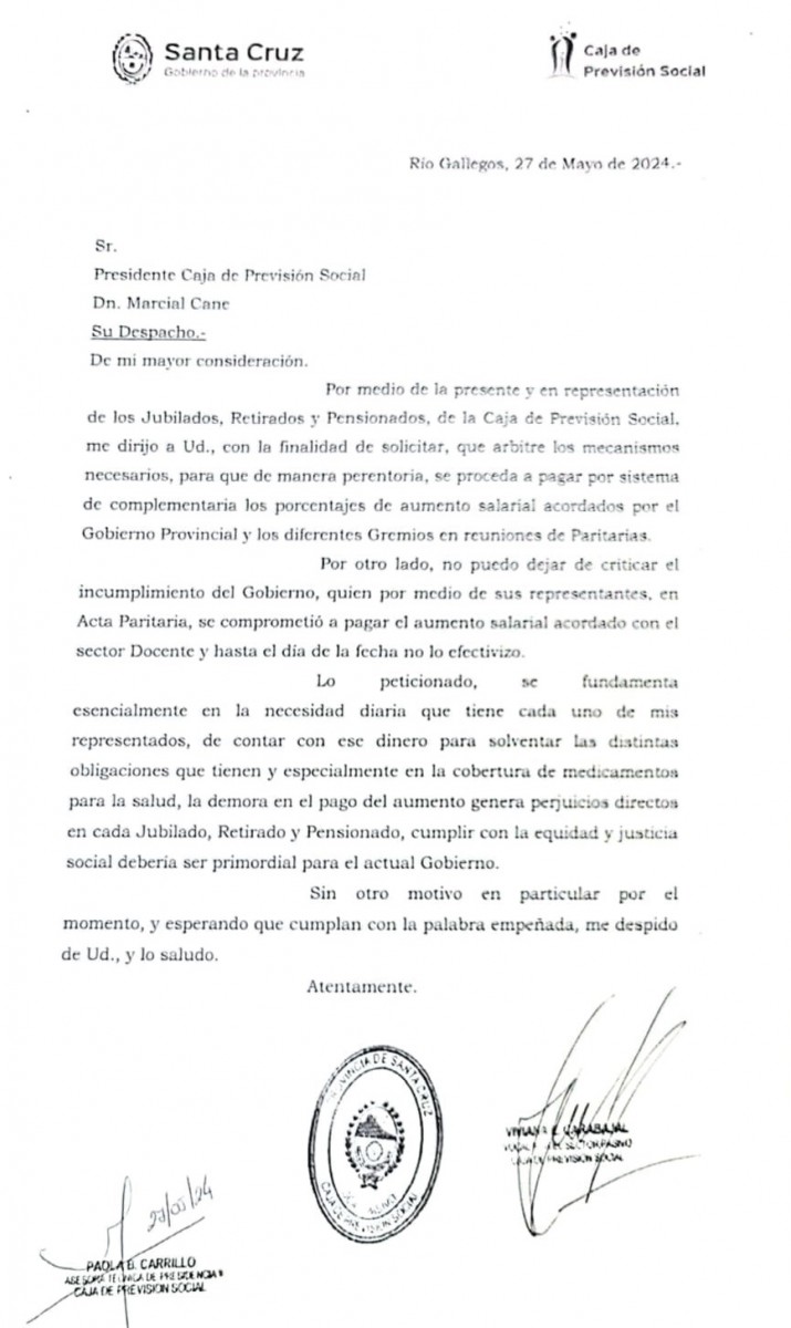 Santa Cruz: la vocal Viviana Carabajal le pidi al titular de la Caja de Previsin Social que pague los aumentos acordados a los jubilados 