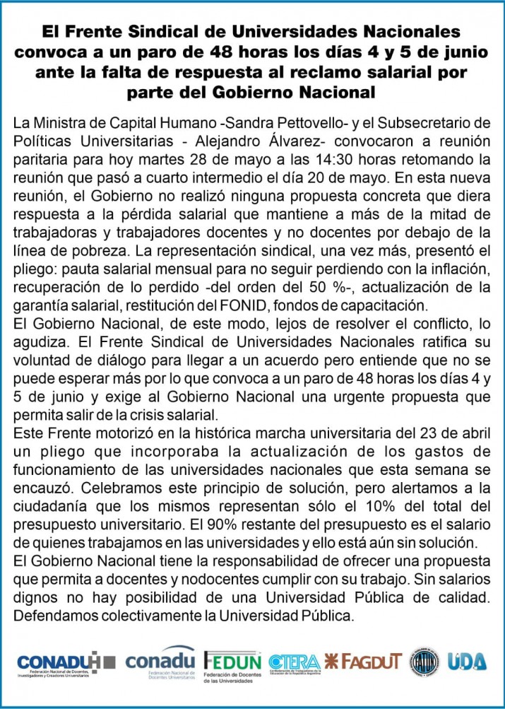 Trabajadores de las Universidades: no hubo acuerdo con el Gobierno y los gremios paran 48 horas