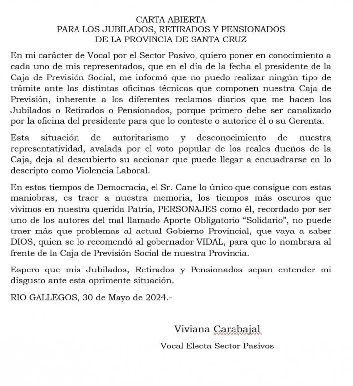 Vocal por los Pasivos acusa al Presidente de la Caja de Previsin de "autoritarismo" y de no dejarla trabajar