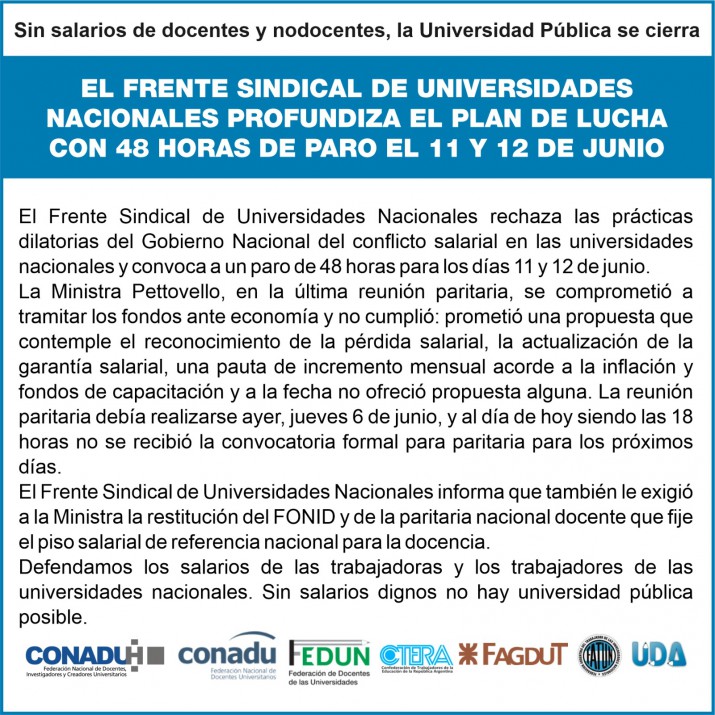 Los trabajadores universitarios anunciaron un nuevo paro nacional de 48 horas por falta de respuestas salariales