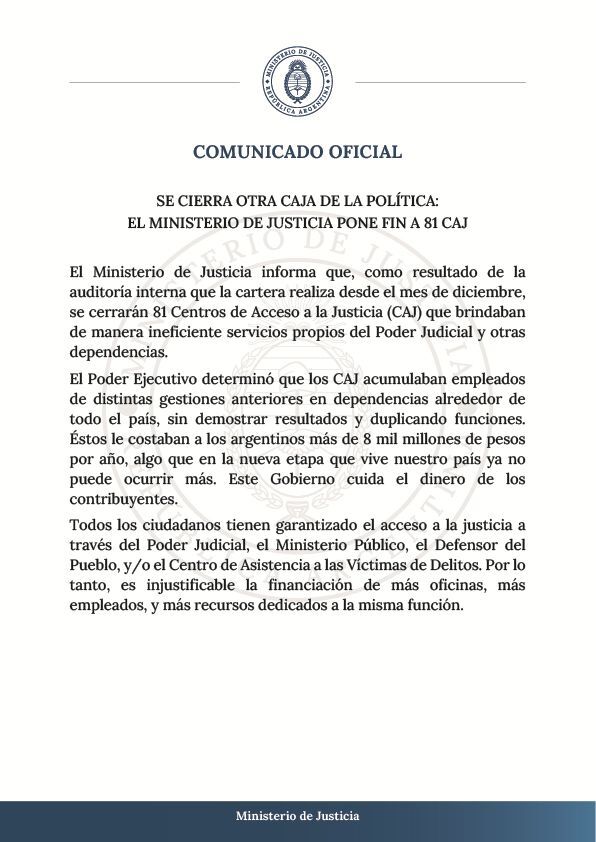 El Gobierno nacional cierra 81 Centros de Acceso a la Justicia en todo el pas