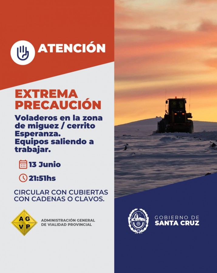 Por voladeros de nieve: piden extrema precaucin para circular en rutas de Santa Cruz 