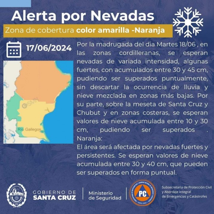 Hay alerta amarillo y naranja en Santa Cruz por nieve