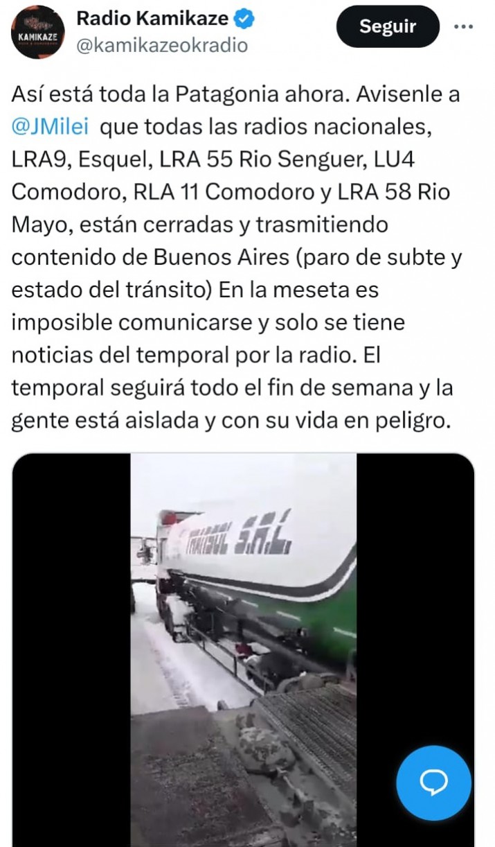 Denuncian falta del servicio de Radio Nacional, por el ajuste del Gobierno,  en medio del temporal de nieve en la Patagonia