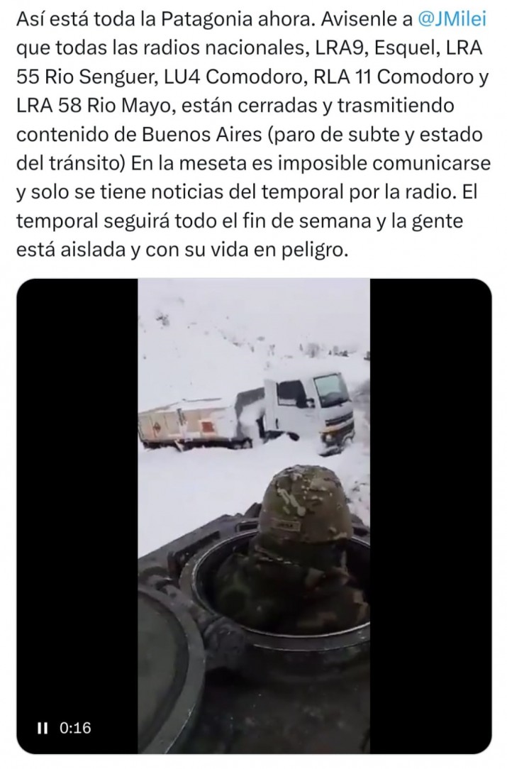 Denuncian falta del servicio de Radio Nacional, por el ajuste del Gobierno,  en medio del temporal de nieve en la Patagonia