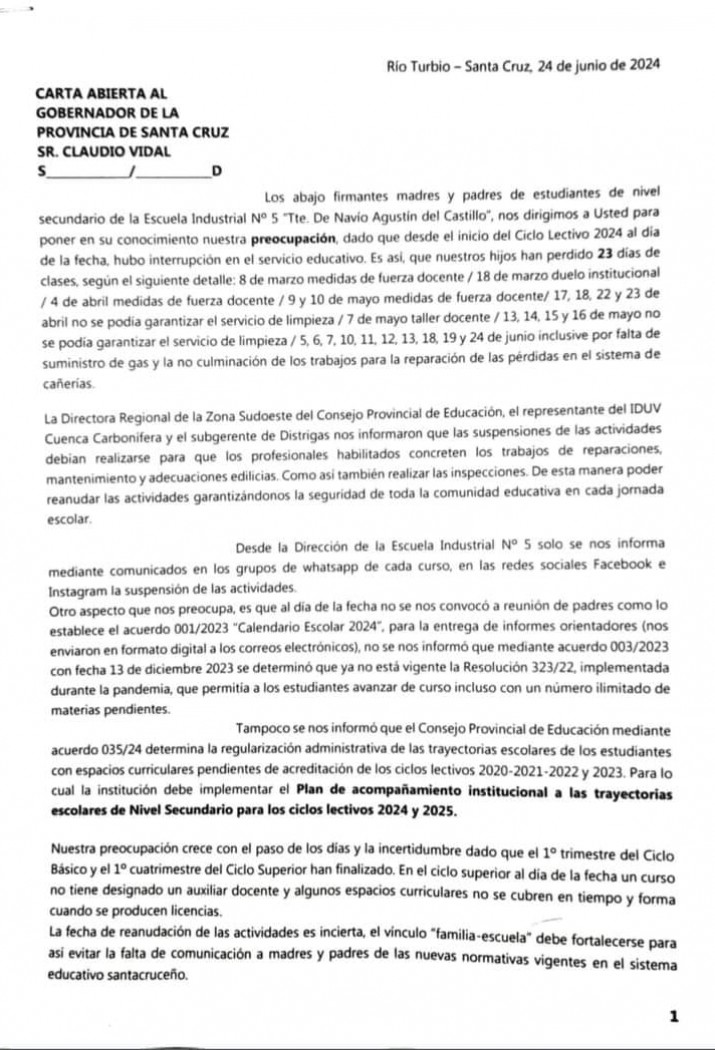 Santa Cruz: padres le envan carta al Gobernador por colegio sin clases hace 24 das sin gas 