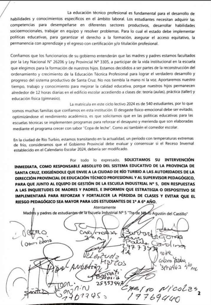 Santa Cruz: padres le envan carta al Gobernador por colegio sin clases hace 24 das sin gas 