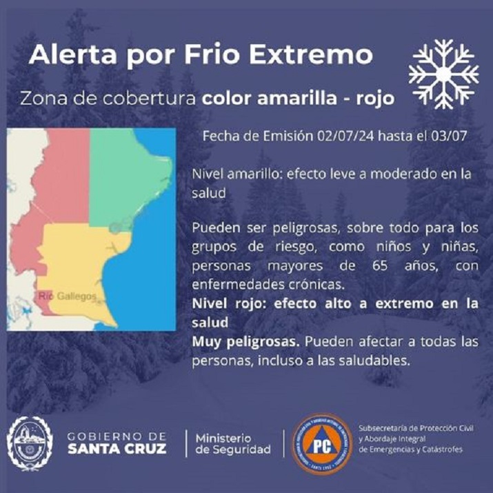 Rige alerta amarillo y rojo por fro extremo y viento en Santa Cruz 