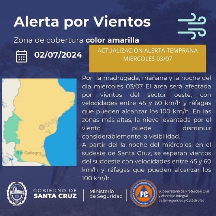 Rige alerta amarillo y rojo por fro extremo y viento en Santa Cruz 