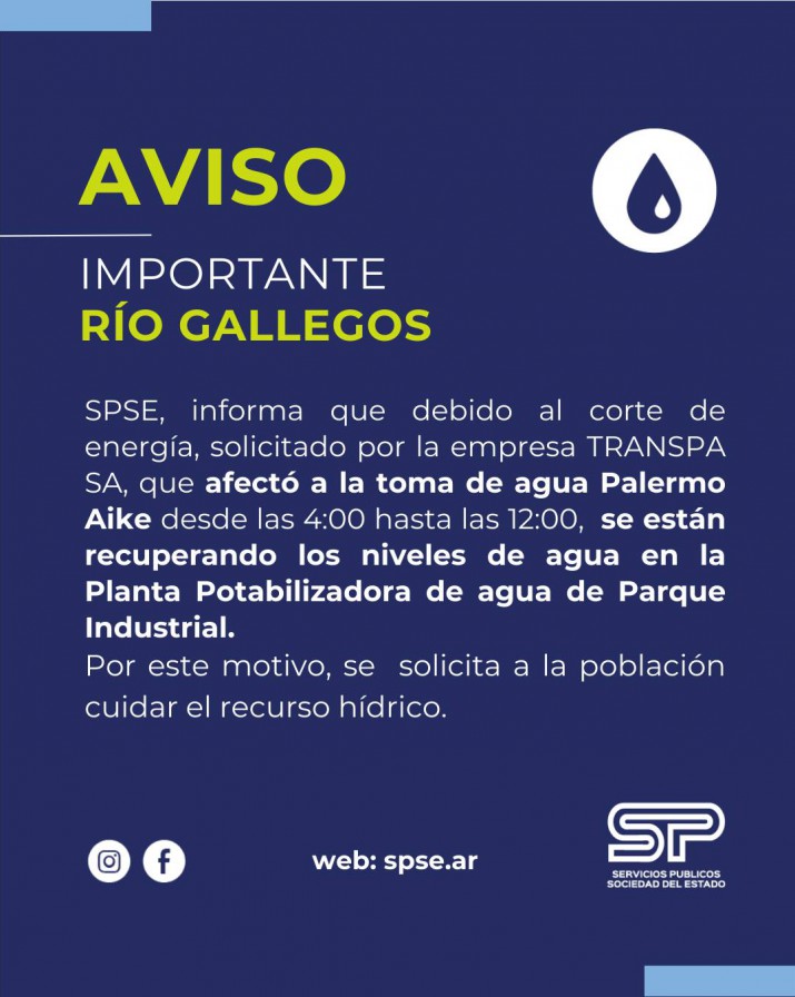 Servicios Pblicos pide cuidado en el uso del agua tras el corte de luz en Ro Gallegos