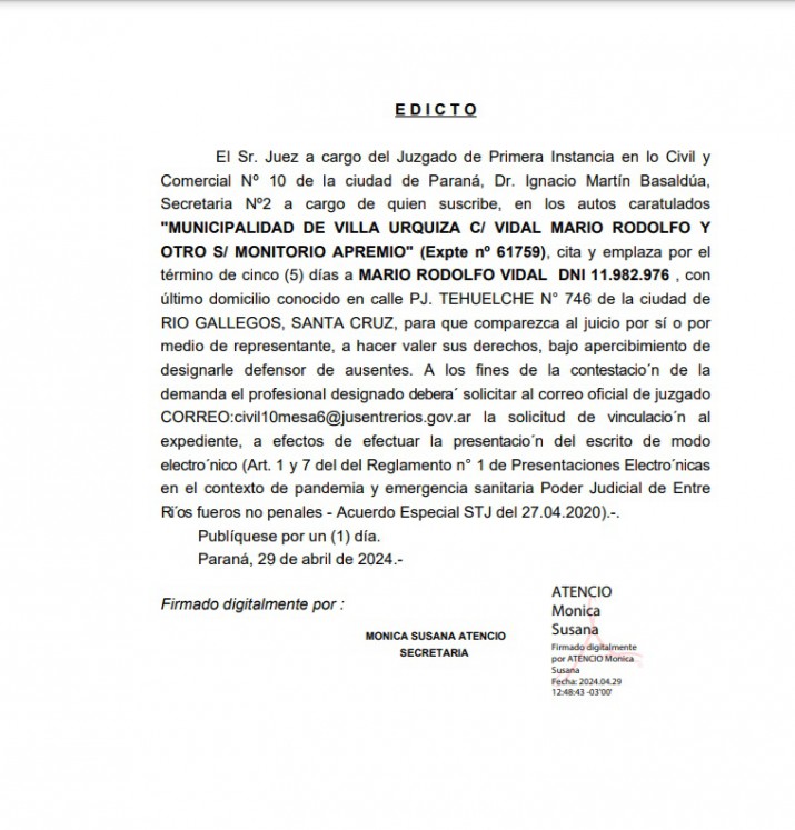 "MUNICIPALIDAD DE VILLA URQUIZA C/ VIDAL MARIO RODOLFO Y OTRO S/ MONITORIO APREMIO"