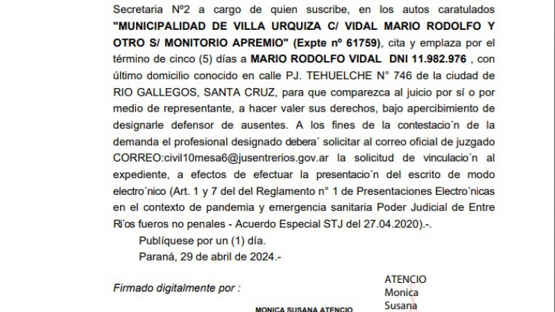 "MUNICIPALIDAD DE VILLA URQUIZA C/ VIDAL MARIO RODOLFO Y OTRO S/ MONITORIO APREMIO"