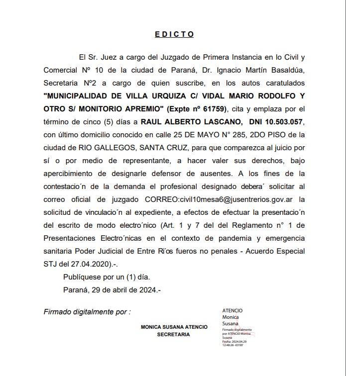 "MUNICIPALIDAD DE VILLA URQUIZA C/ VIDAL MARIO RODOLFO YOTRO S/ MONITORIO APREMIO"