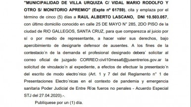 "MUNICIPALIDAD DE VILLA URQUIZA C/ VIDAL MARIO RODOLFO YOTRO S/ MONITORIO APREMIO"