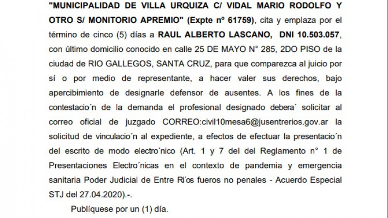 "MUNICIPALIDAD DE VILLA URQUIZA C/ VIDAL MARIO RODOLFO YOTRO S/ MONITORIO APREMIO"