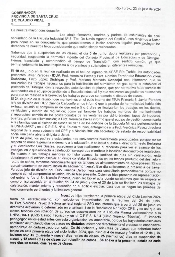 Nuevo reclamo de padres y alumnos de la Escuela Industrial N 5 de Ro Turbio por soluciones edilicias