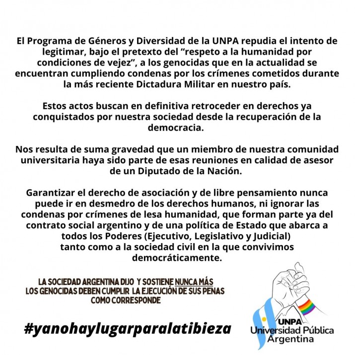 Agrupaciones estudiantiles y docentes repudian la presencia de profesor de la UNPA en la foto con represores