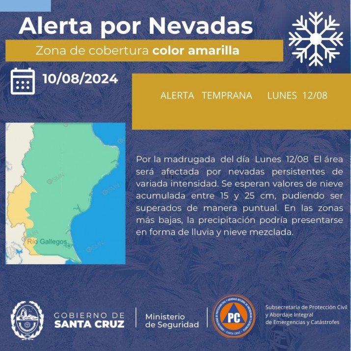 Pronostican lluvia para Ro Gallegos este lunes y nevadas en otros puntos de Santa Cruz 