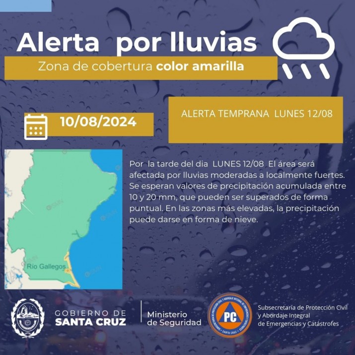 Pronostican lluvia para Ro Gallegos este lunes y nevadas en otros puntos de Santa Cruz 