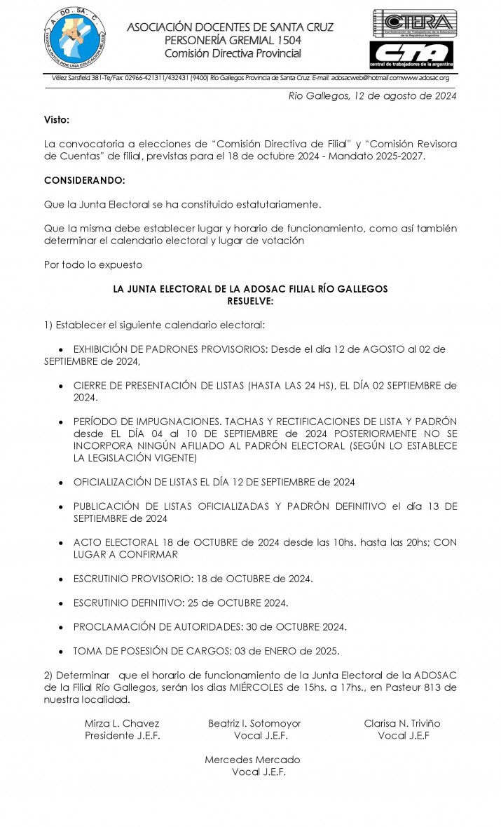 Calendario electoral Adosac Filial RG 