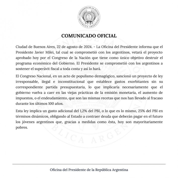 El Gobierno nacional anunci que veta la ley de movilidad jubilatoria que haba aprobado el Congreso 