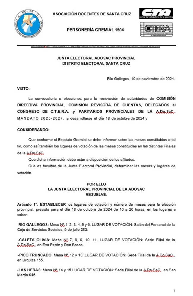 Junta Electoral ADOSAC provincial distrito electoral Santa Cruz