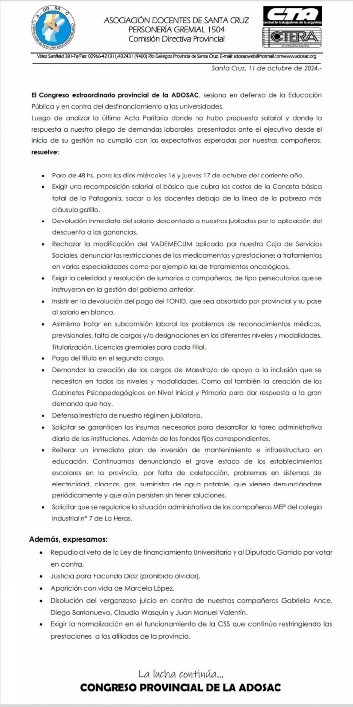 Congreso docente decidi paro por 48 horas para la prxima semana