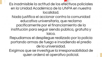 Rechazo en Caleta Olivia a la presencia policial en la UNPA